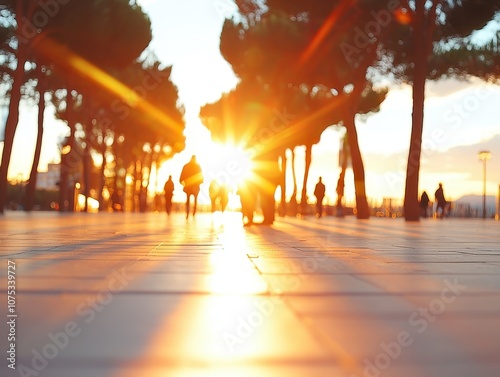  Pollution free and clean air concept. People enjoying a vibrant sunset walk on a scenic pathway lined with trees, enjoying clean, pollution free air in a natural setting.