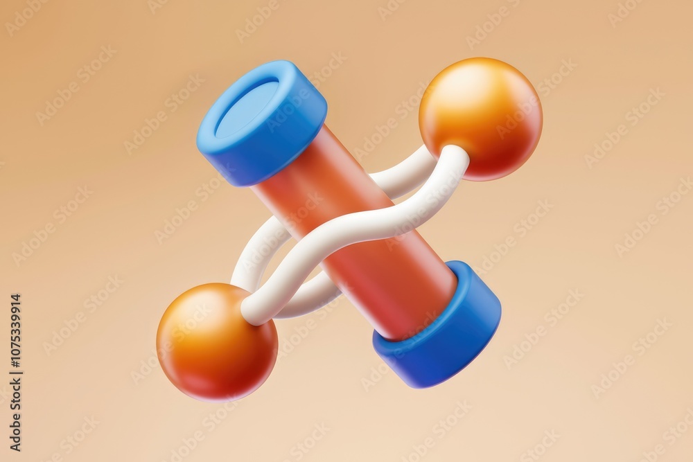 Abstract 3D design with orange spheres and a red cylinder connected by a white curve. Abstract 3D design with orange spheres and a red cylinder connected by a white curve.