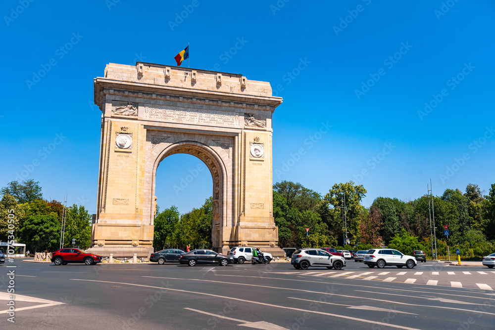 Historical monument in Bucharest, Romania. Arch of Triumph representing the victory of Romanian soldiers who managed to liberate the capital in the second world war. Historical monument in Bucharest, Romania. Arch of Triumph representing the victory of Romanian soldiers who managed to liberate the capital in the second world war.