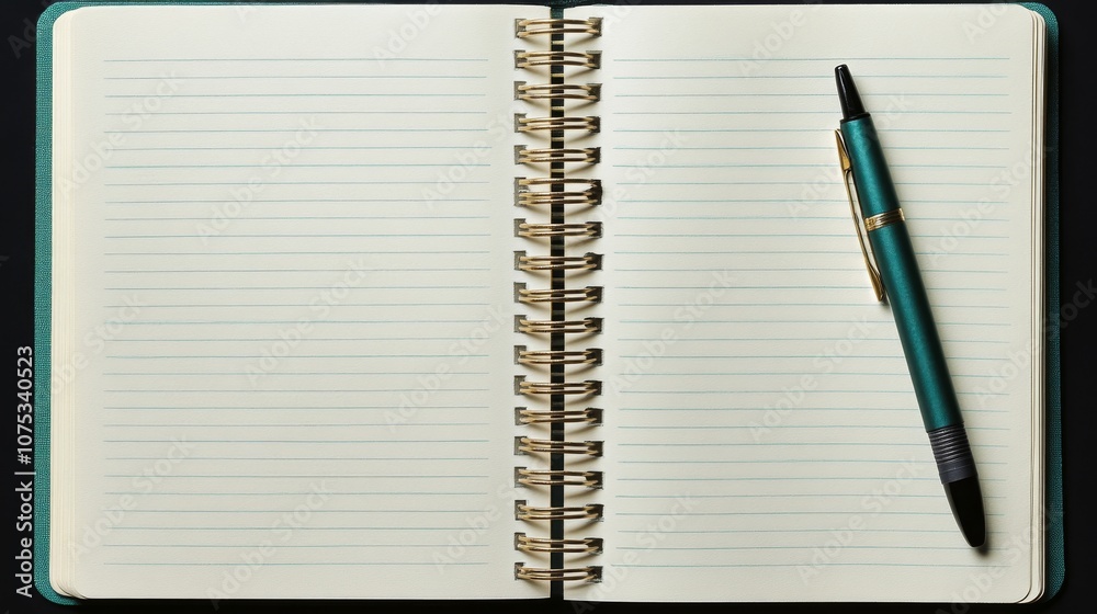 Open Notebook with Lined Pages and Green Pen Open Notebook with Lined Pages and Green Pen