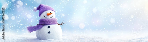 Snowman with a purple hat and scarf, surrounded by a snowy landscape and soft bokeh lights, evoking a festive winter atmosphere.