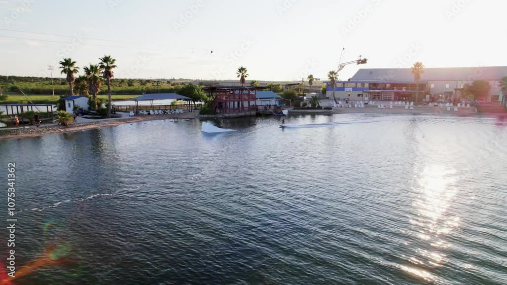 person wakeboarding going over a kicker doing tricks in the water Aerial view