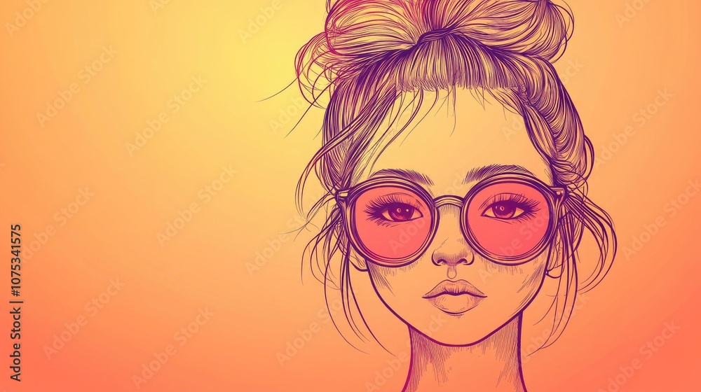 Line art illustration featuring a warm gradient design of an adorable cartoon girl sporting a trendy hipster hairstyle Line art illustration featuring a warm gradient design of an adorable cartoon girl sporting a trendy hipster hairstyle