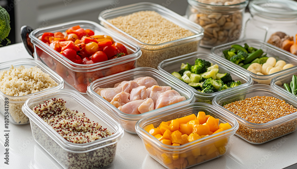 Meal prep ingredients neatly arranged in glass containers, including raw chicken, vegetables, grains, and quinoa, promoting healthy eating and organized food preparation Meal prep ingredients neatly arranged in glass containers, including raw chicken, vegetables, grains, and quinoa, promoting healthy eating and organized food preparation