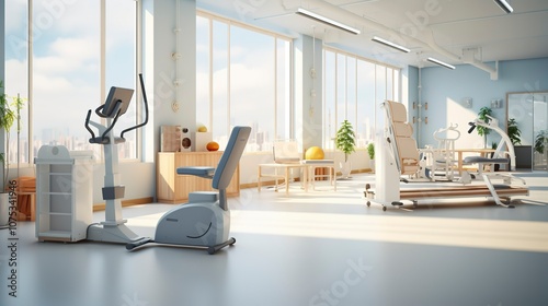 A photo of a physical therapy room with exercise mach