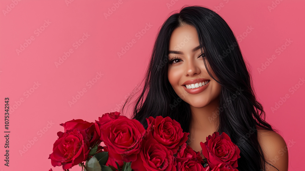 Woman with long black hair holding a bouquet of red roses, smiling against a vibrant pink background, creating a romantic, cheerful atmosphere. Woman with long black hair holding a bouquet of red roses, smiling against a vibrant pink background, creating a romantic, cheerful atmosphere.