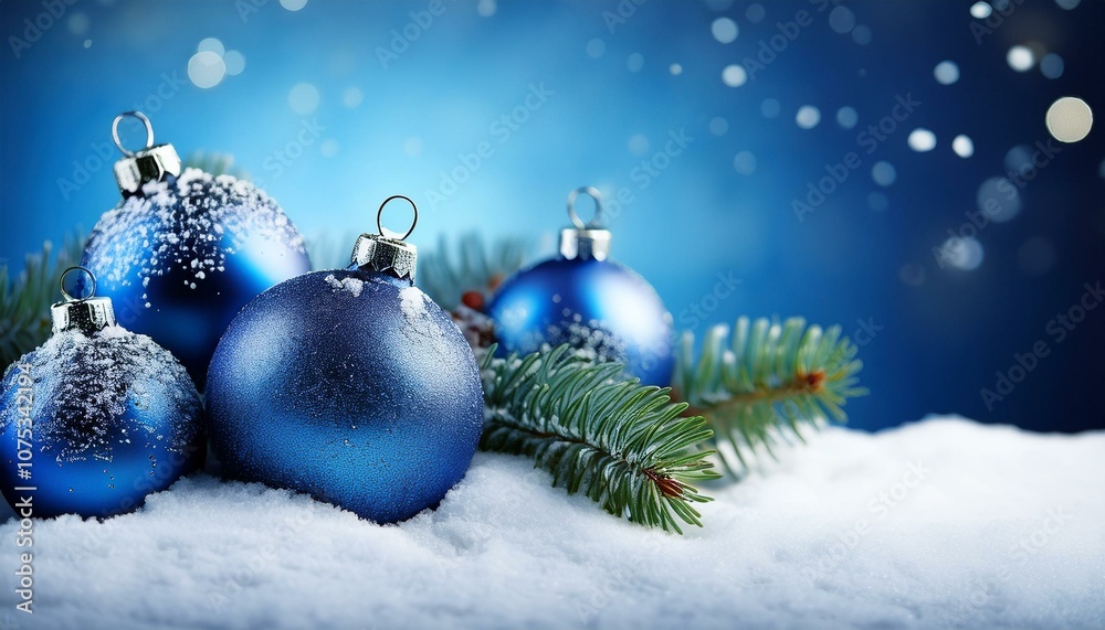 Merry Christmas card. Blue christmas balls and baubles on the snow with fir branches. Merry Christmas card. Blue christmas balls and baubles on the snow with fir branches.