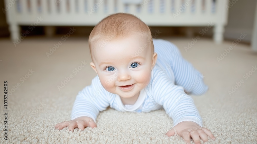 Smiling baby in a striped outfit crawling on a carpet in a cozy room with a teddy bear in the background. Concept: early development and joy. Smiling baby in a striped outfit crawling on a carpet in a cozy room with a teddy bear in the background. Concept: early development and joy.