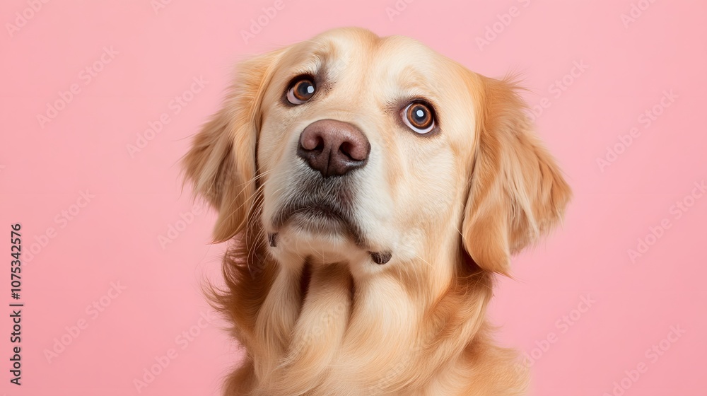 Golden retriever dog with sad eyes looking in front. Portrait with pink background Golden retriever dog with sad eyes looking in front. Portrait with pink background