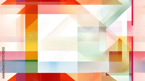 Geometric abstract pattern with transparent squares and rectangles in shades of orange, red, green, and blue. Concept: modern design.