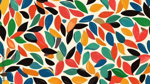 Abstract pattern with colorful leaf-like shapes in orange, pink, green, and blue on a light background. Concept: playfulness and creativity.