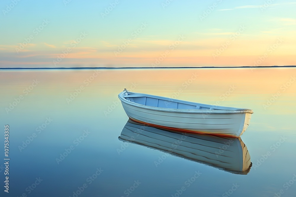 White rowboat on calm water with pastel blue sky. AI generated illustration White rowboat on calm water with pastel blue sky. AI generated illustration