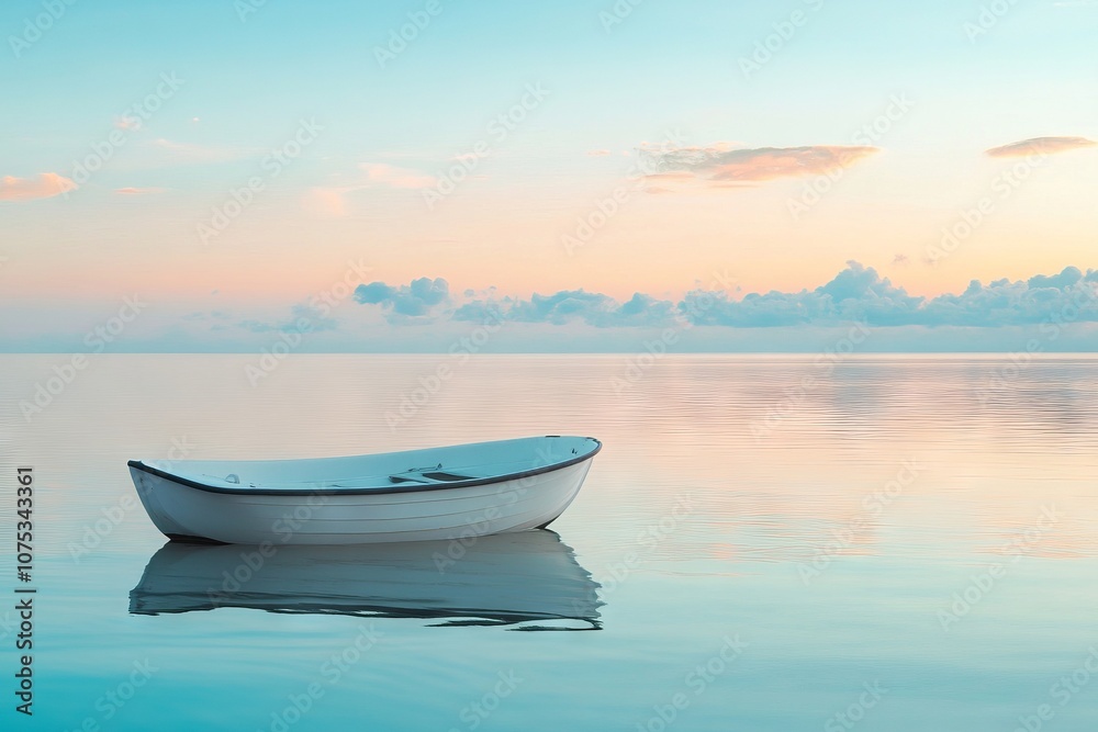 White rowboat on calm water with pastel blue sky. AI generated illustration White rowboat on calm water with pastel blue sky. AI generated illustration