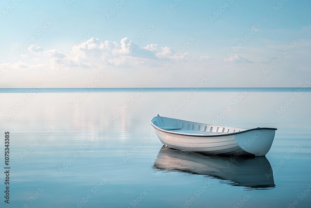 White rowboat on calm water with pastel blue sky. AI generated illustration