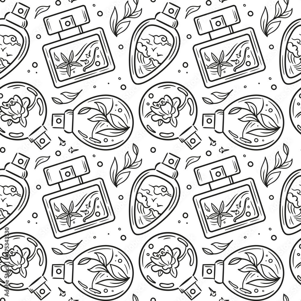 Fototapeta premium Seamless pattern of perfume bottles. Floral, spicy, sea and herbal aromas. Vector illustration in sketch style. Bottles with magic potion. For wallpaper, fabric, wrapping, background.