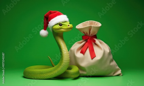 Green snake in Santa's hat stands next to the gift bag on green background photo