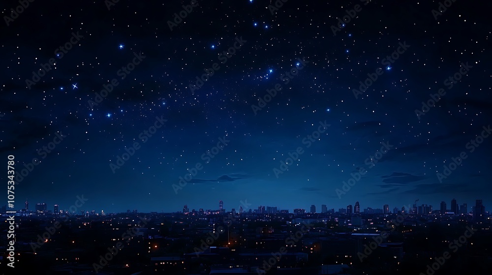 Naklejka premium A City Skyline Under a Starry Night Sky