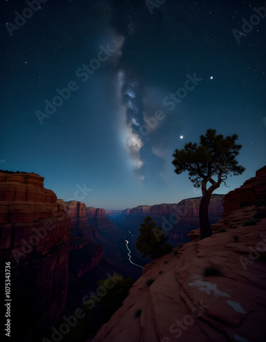Starry Night Over Canyon with Milky Way and River View