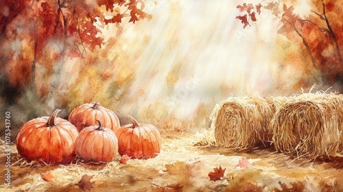Watercolor of a peaceful autumn harvest festival, pumpkins and hay bales in warm tones, festival, seasonal festivity