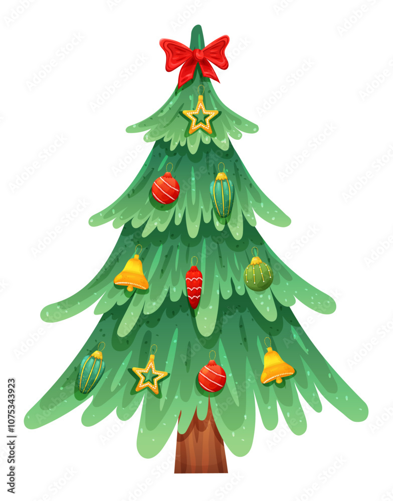 Fototapeta premium Christmas fir tree decorated with red bow and vintage toys. Vector holiday illustration