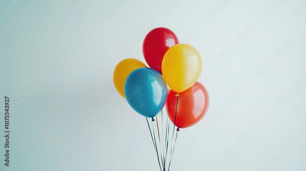 A Vibrant Set of Colorful Balloons Floating Gracefully Against a Soft White Background, Perfect for Celebrations, Parties, and Joyful Occasions A Vibrant Set of Colorful Balloons Floating Gracefully Against a Soft White Background, Perfect for Celebrations, Parties, and Joyful Occasions