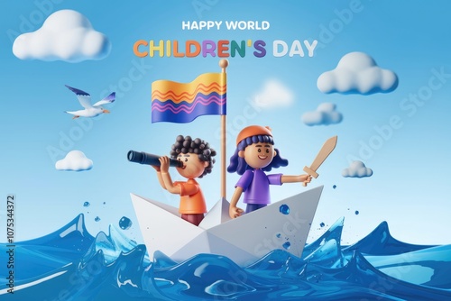 Two kids sail a paper boat on a blue ocean for Childrens Day