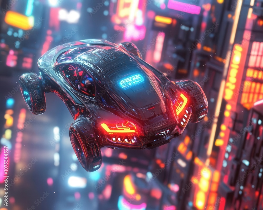 Futuristic flying car soaring through neon-lit cityscape at night.