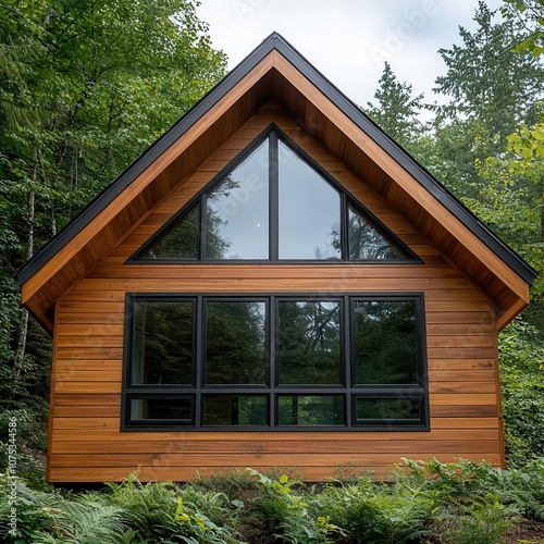 Forest cabinstyle guest house with large windows, natural wood, and woodland views photo