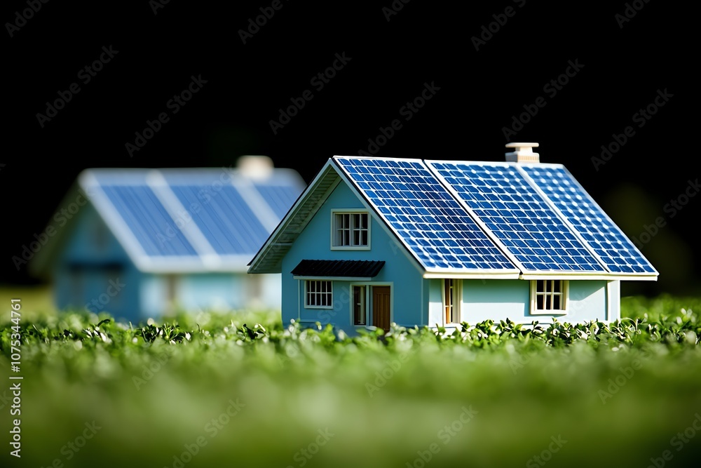 Two miniature houses with solar panels on their roofs, placed in a field of green grass. The houses are blue with white trim.