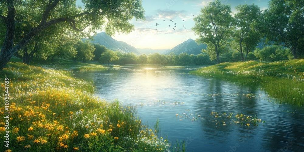Serene lake in a green valley with wildflowers. Serene lake in a green valley with wildflowers.
