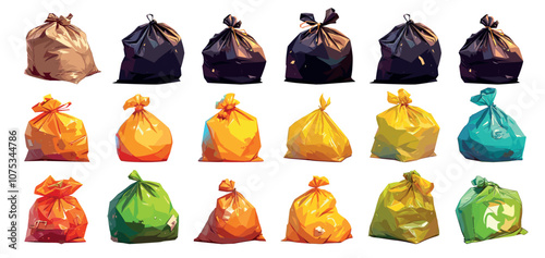 Cartoon garbage bag. Black and colorful plastic sack for rubbish trash waste junk litter, dump pollution set vector illustration