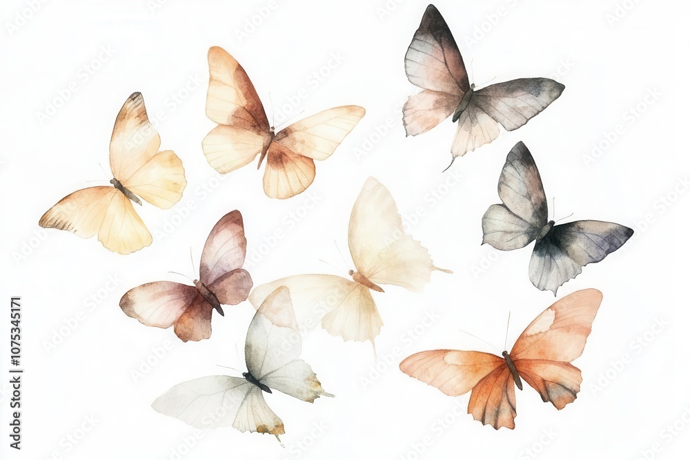 Fototapeta premium Simple watercolor of a flock of butterflies in flight, soft and delicate, flying objects, natural beauty