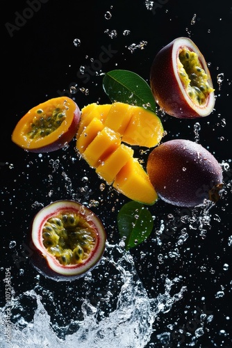 Wallpaper Mural Dynamic Splash of Tropical Fruits: A Vibrant Display of Mango and Passion Fruit in Water Torontodigital.ca