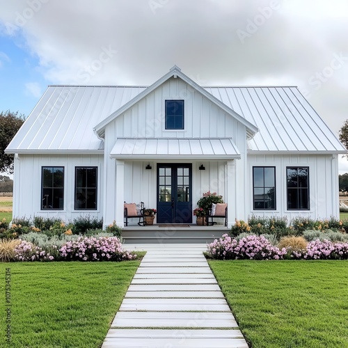 Farmstyle guest house with board and batten siding, metal roof, and barnyard decor photo