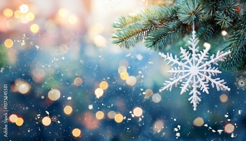 Snow flake decoration ornament on Christmas tree banner background with snowfall,blur bokeh and copy space - can be used for display or montage your products.