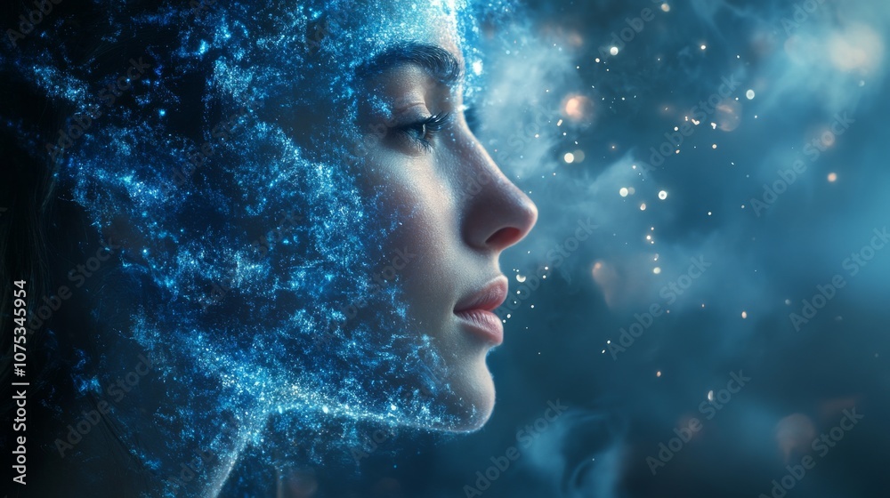 Woman's Profile with Blue and White Particles Against a Dark Background Woman's Profile with Blue and White Particles Against a Dark Background