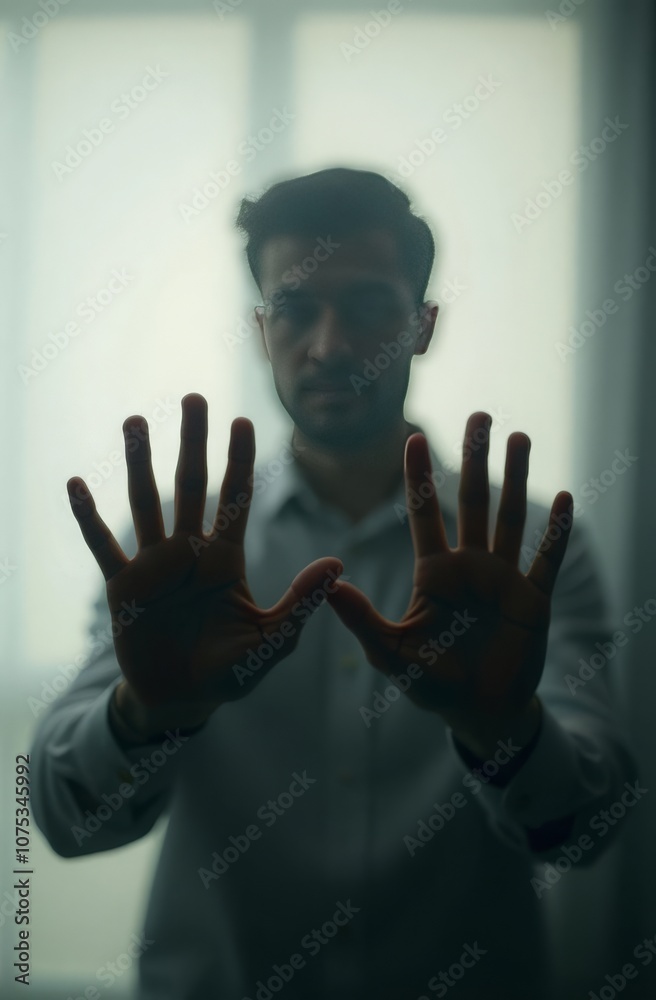 Silhouette of man pressing hands against misty glass window Silhouette of man pressing hands against misty glass window