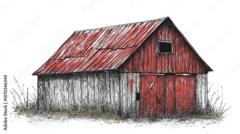 Line art illustration featuring a red barn roof Line art illustration featuring a red barn roof