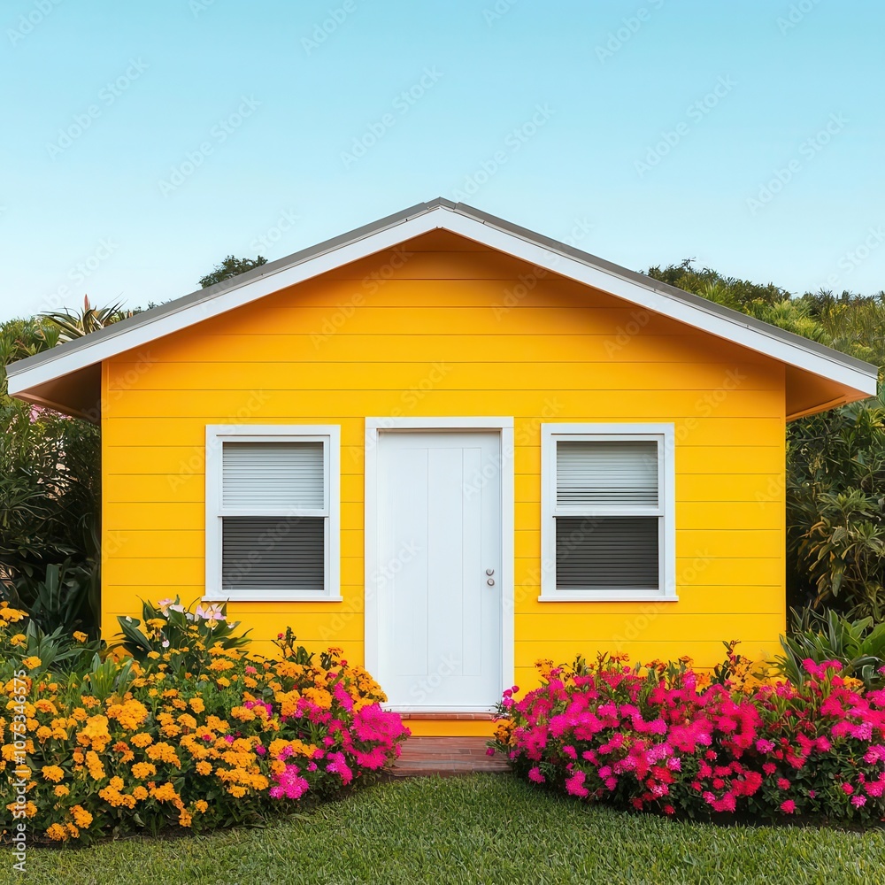 Guest house with painted exterior, surrounded by a flower garden, cheerful and bright Guest house with painted exterior, surrounded by a flower garden, cheerful and bright