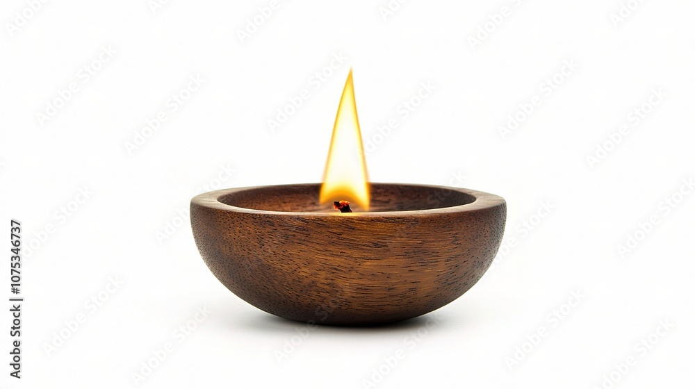 Elegant Single Flame Burning in Wooden Bowl on Clean White Background, Perfect for Relaxation, Meditation, or Minimalist Design Projects Elegant Single Flame Burning in Wooden Bowl on Clean White Background, Perfect for Relaxation, Meditation, or Minimalist Design Projects