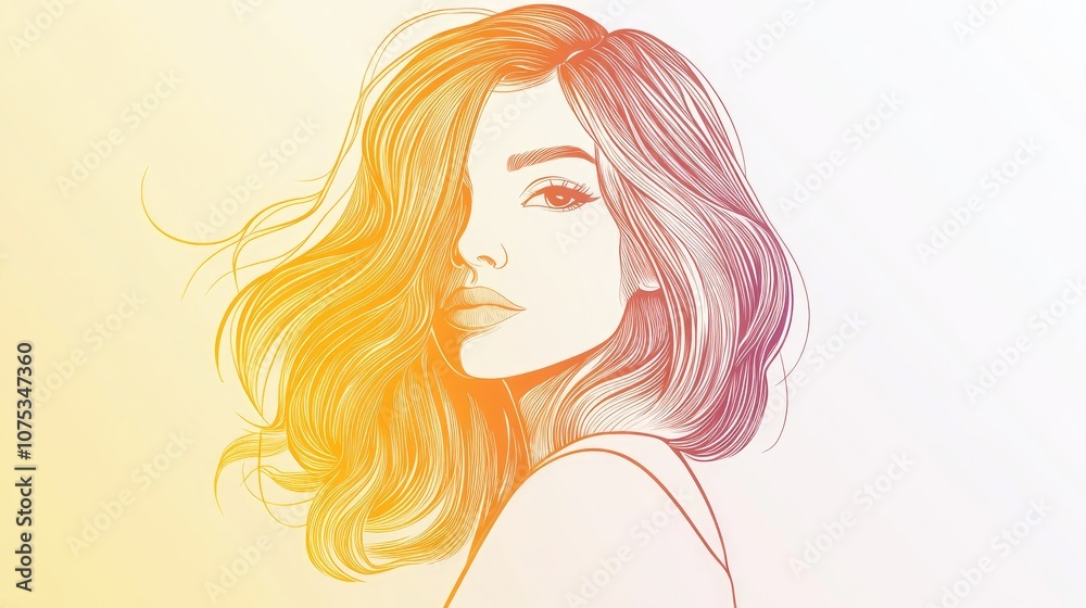 Line art illustration featuring a warm gradient design of a cartoon female character Line art illustration featuring a warm gradient design of a cartoon female character