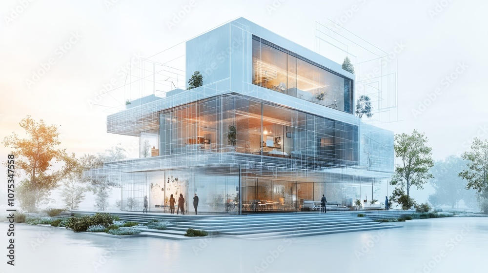 Modern Glass House with Architectural Blueprint Overlay Modern Glass House with Architectural Blueprint Overlay