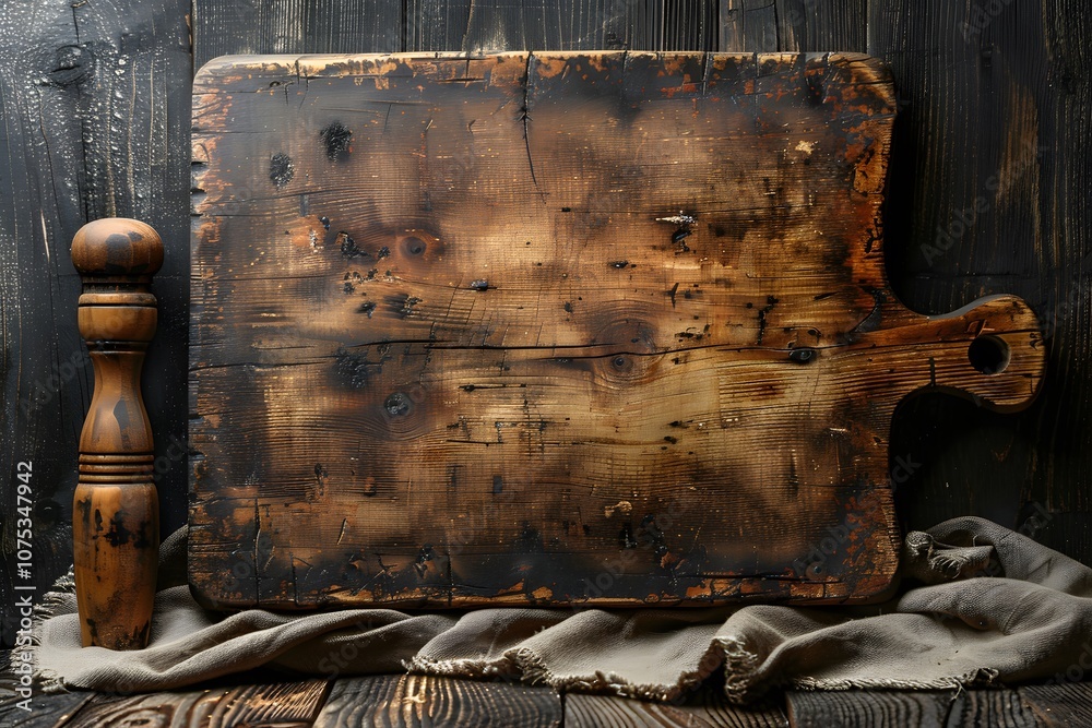 Rustic Wooden Cutting Board and Pepper Mill on Vintage Wooden Background Rustic Wooden Cutting Board and Pepper Mill on Vintage Wooden Background