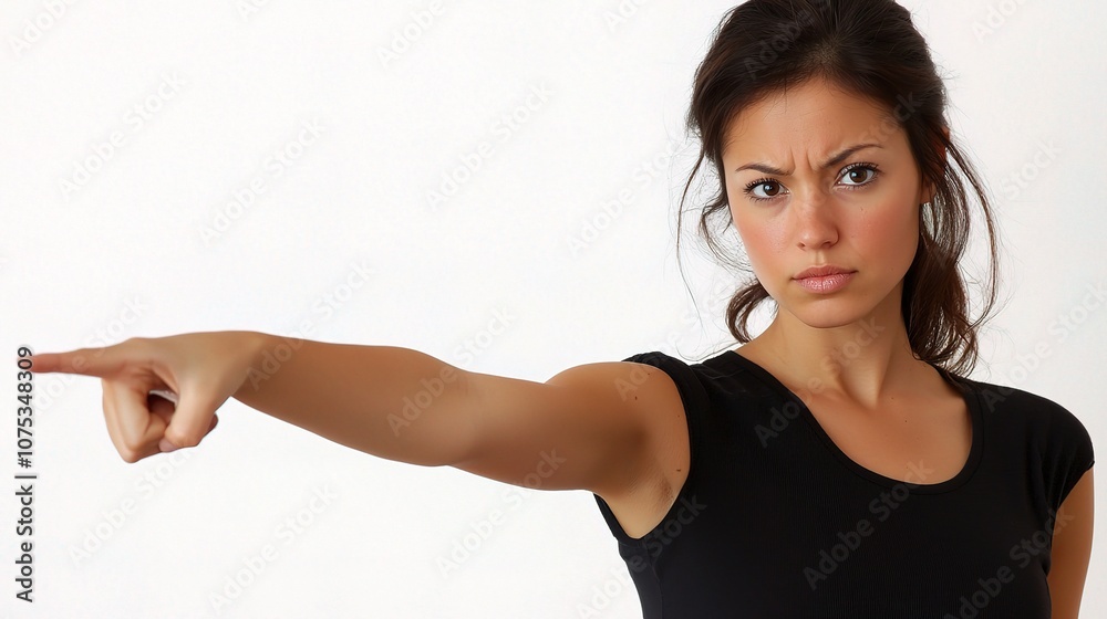 Woman Pointing Her Finger Towards the Camera with a Serious Expression in a Minimalist Setting Woman Pointing Her Finger Towards the Camera with a Serious Expression in a Minimalist Setting
