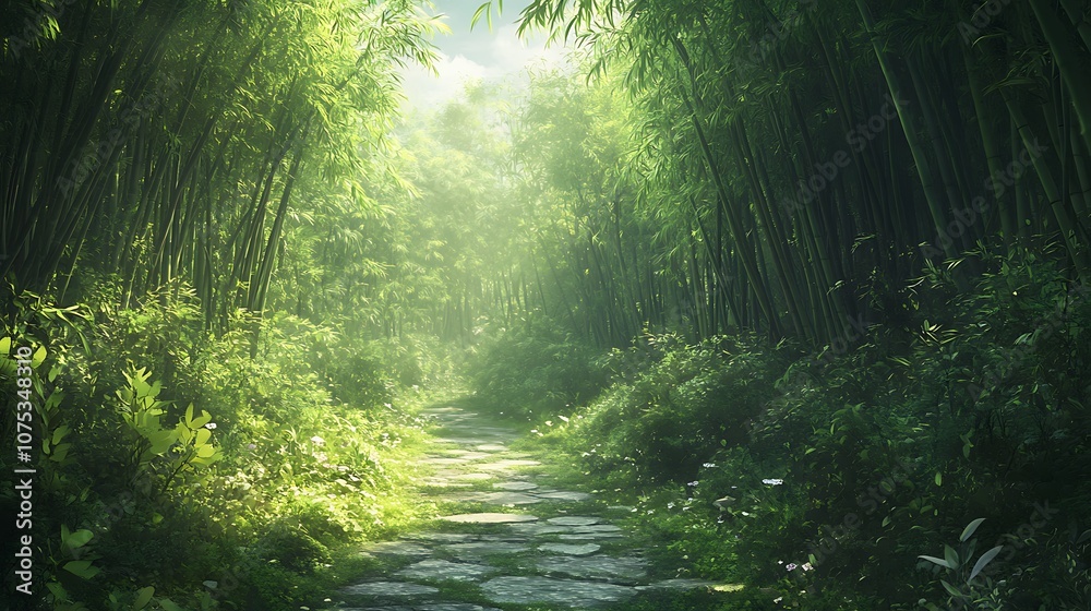 A serene path winds through the lush green bamboo, Beautiful green bamboo forest A serene path winds through the lush green bamboo, Beautiful green bamboo forest