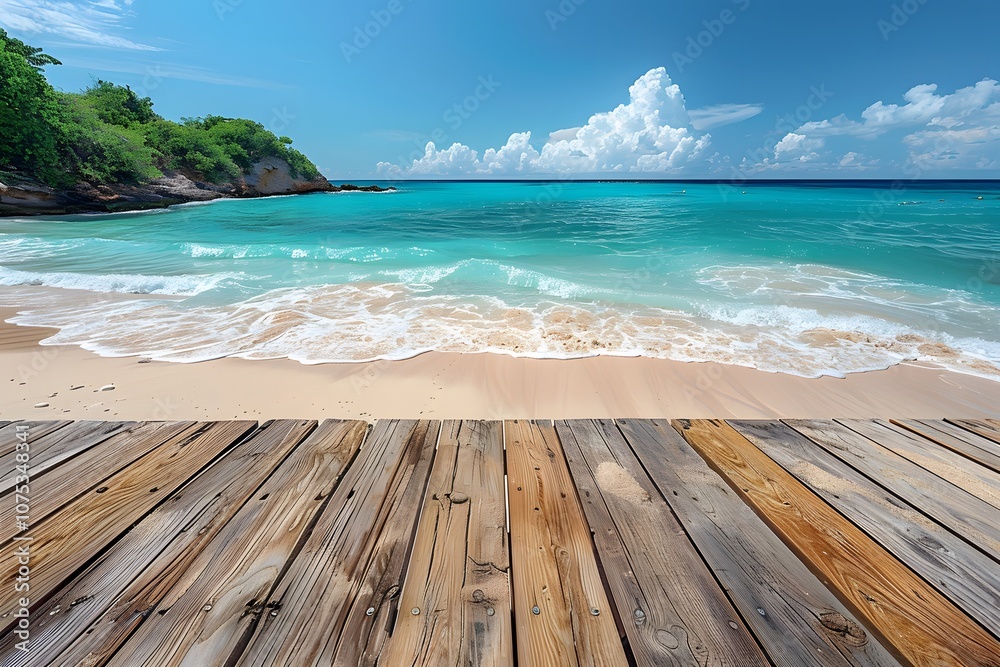Fototapeta premium Tropical Beach Scene with Wooden Pier Overlooking Turquoise Ocean and Cloudy Sky