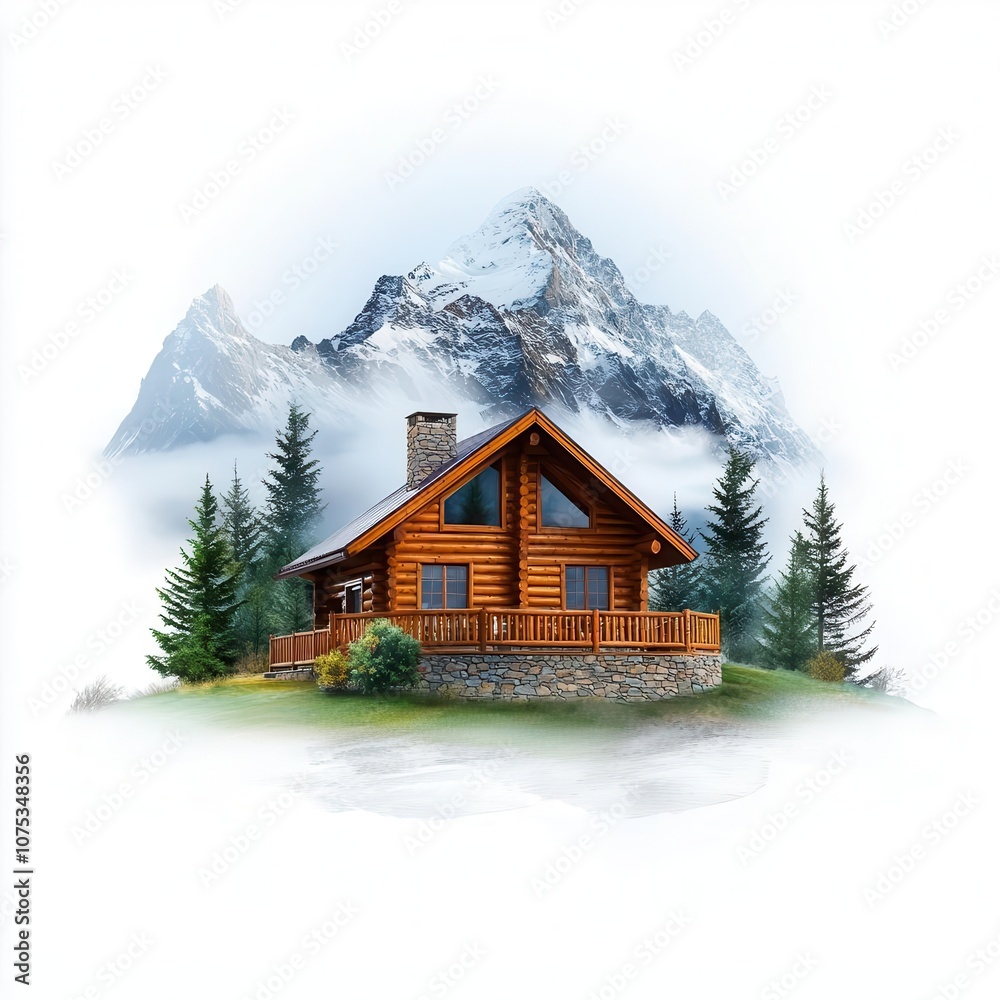 Fototapeta premium Mountainview guest house with log walls, stone chimney, and scenic landscape
