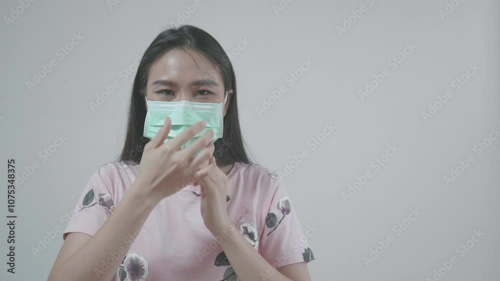 A woman wearing a pink shirt is holding a mask to her face. Concept of caution and concern for health and safety, as the woman is taking measures to protect herself and others from potential illness A woman wearing a pink shirt is holding a mask to her face. Concept of caution and concern for health and safety, as the woman is taking measures to protect herself and others from potential illness