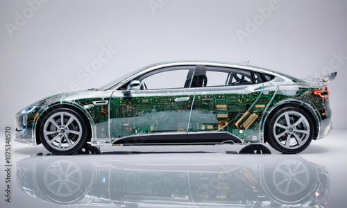 A translucent, modern electric car is depicted in a studio setting