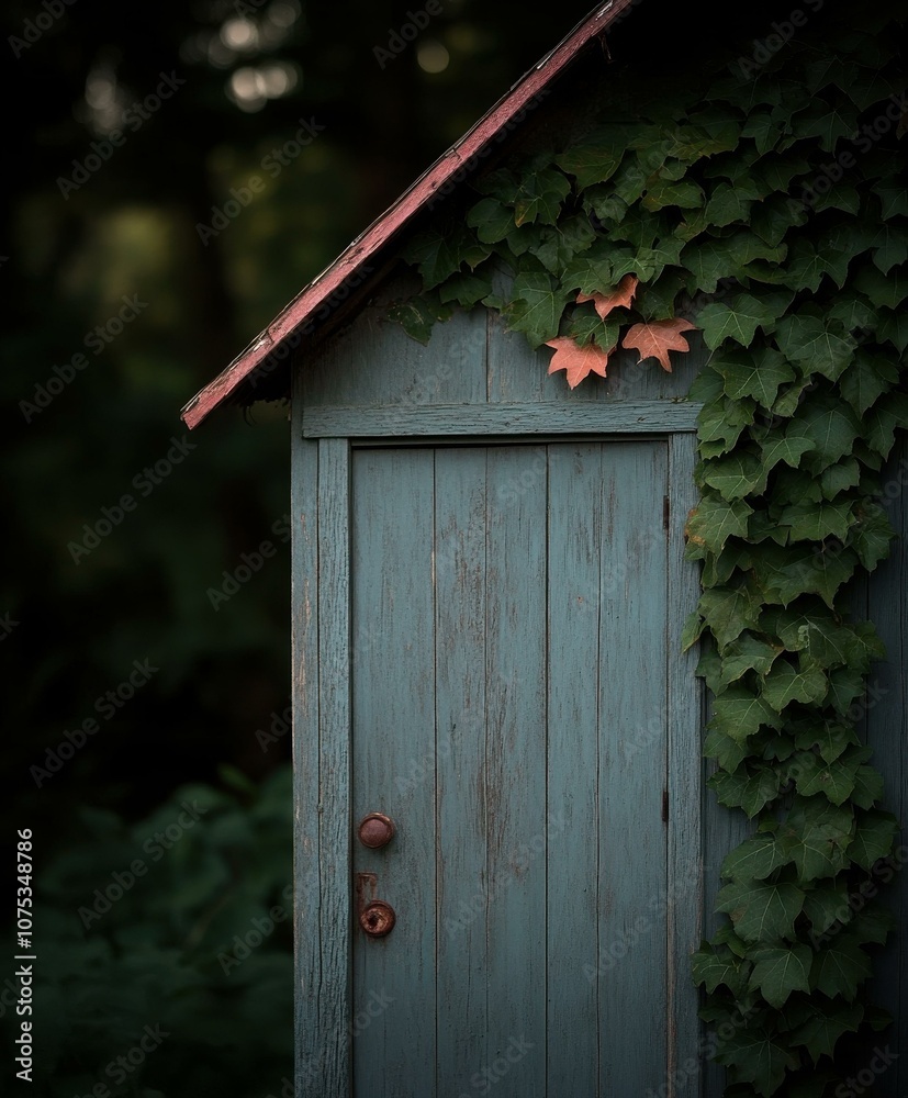 Charming Rustic Shed Adorned with Ivy and Fall Leaves in a Serene Natural Setting Charming Rustic Shed Adorned with Ivy and Fall Leaves in a Serene Natural Setting